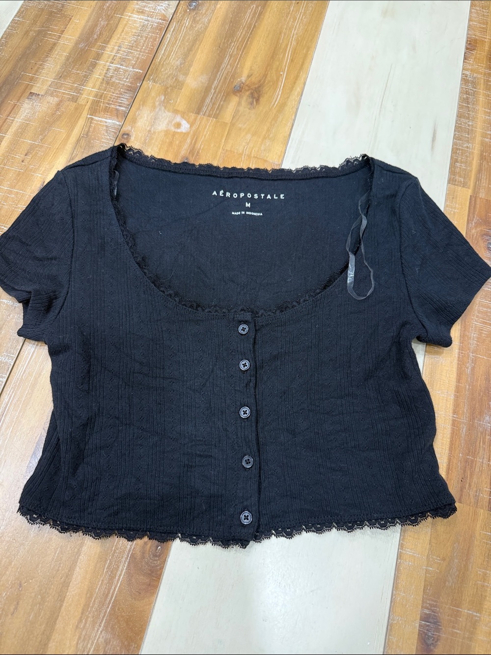 Aeropostale Black Lace-Trim Button Crop Top